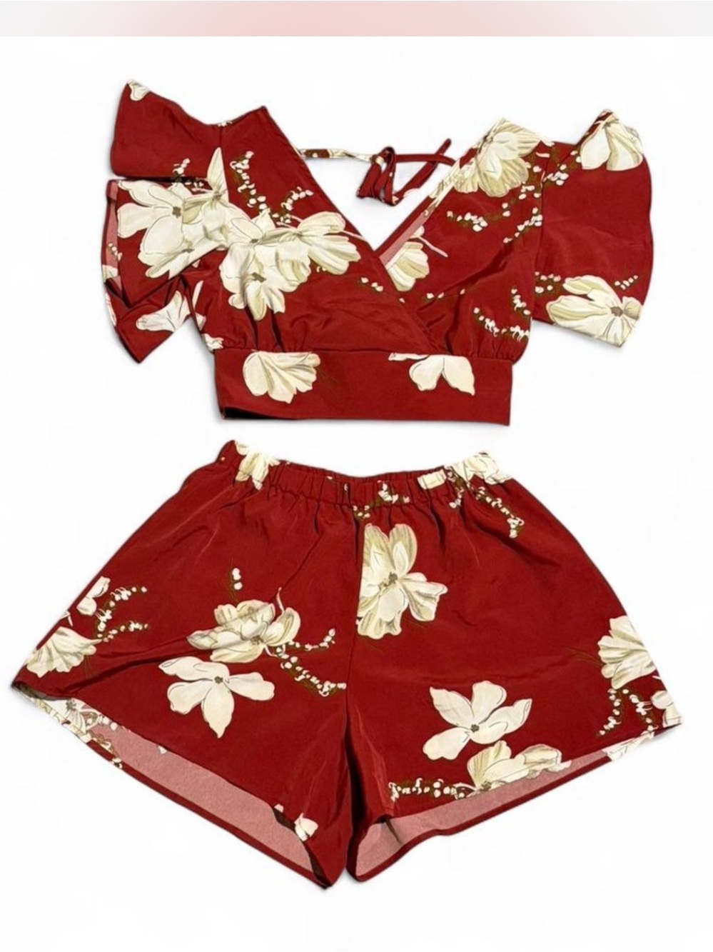 SHEIN Red Floral Puff-Sleeve Crop Top and Shorts Set